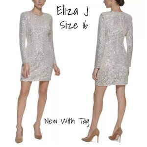 Eliza J Women's Silver Sequin Long Sleeve Sheath Dress Size 16 - New With Tag